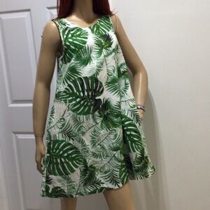 TAHARI SIZE SMALL 100% LINEN GREEN TROPICAL A LINE SHIFT DRESS WITH POCKETS EUC